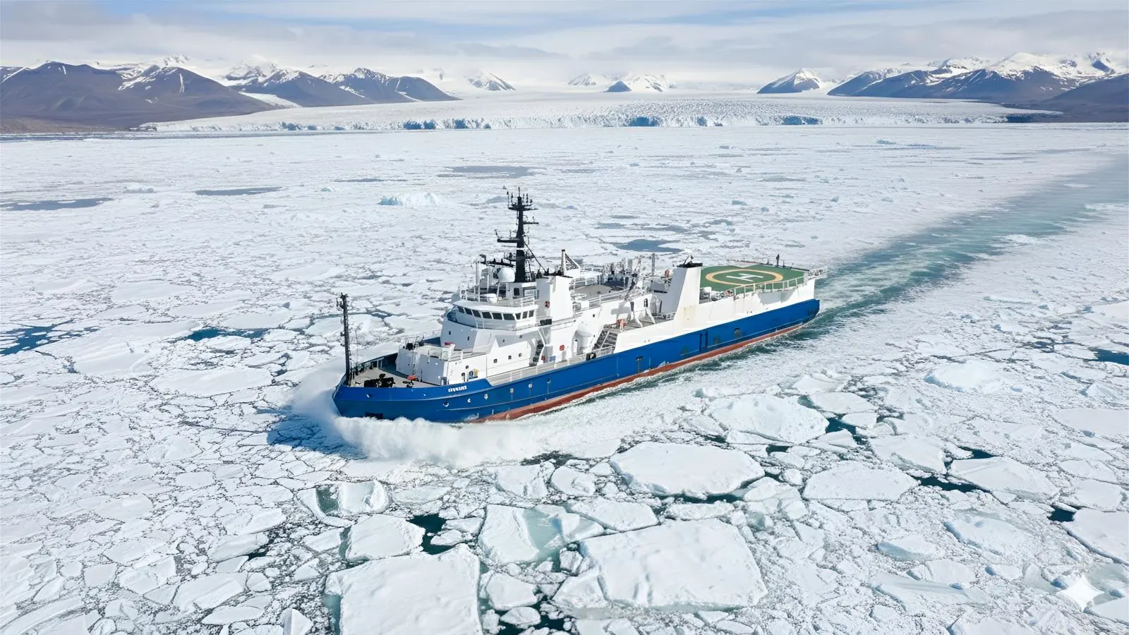 CAC Polar Class icebreaker concept breaking through sea ice, with an empty helicopter pad on the aft deck