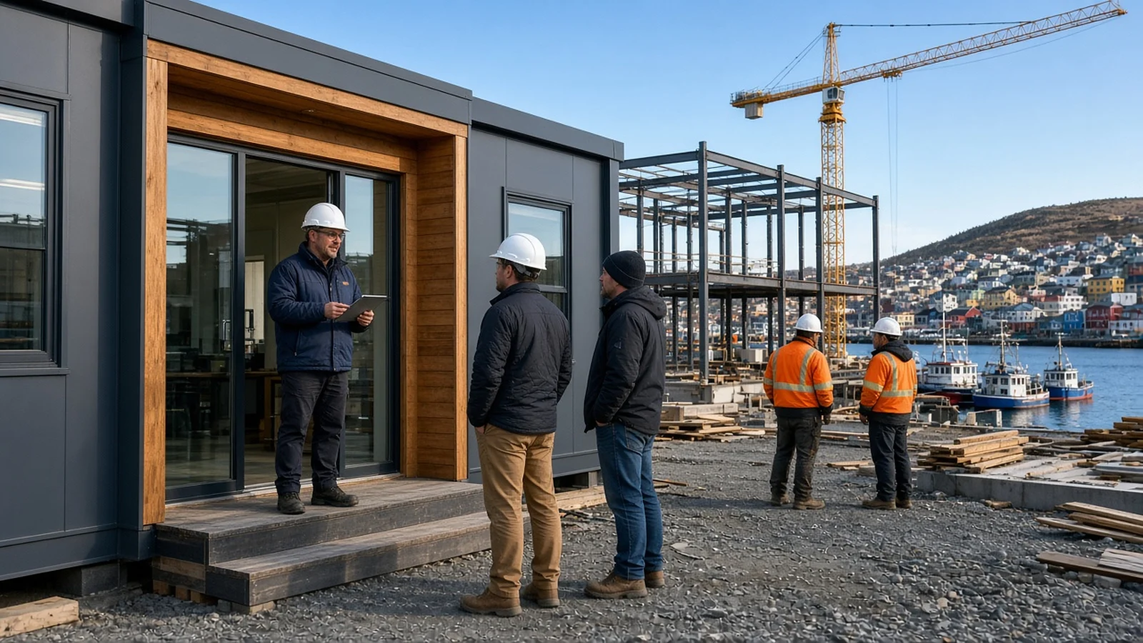 A CCC site supervisor with a tablet talks with crew in hard hats outside a modular site office on the Bonavista Bay waterfront, with a steel frame, a tower crane and fishing boats behind (concept rendering)