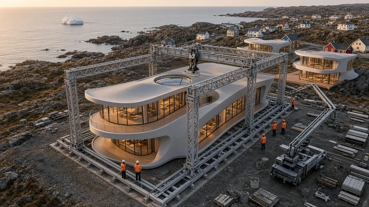 A large gantry-style construction 3D printer building the curved concrete walls of a cabin (concept rendering)
