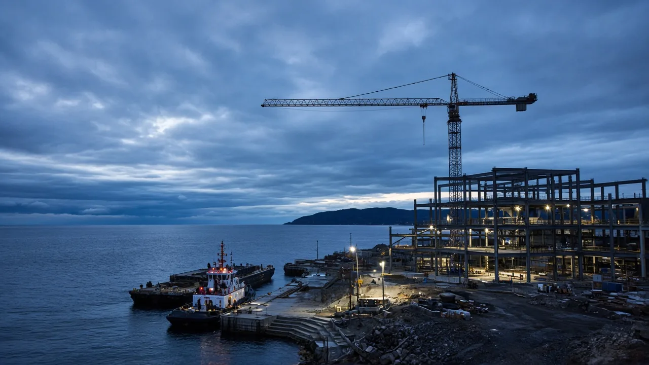 Marine and site construction crews at work (concept rendering)