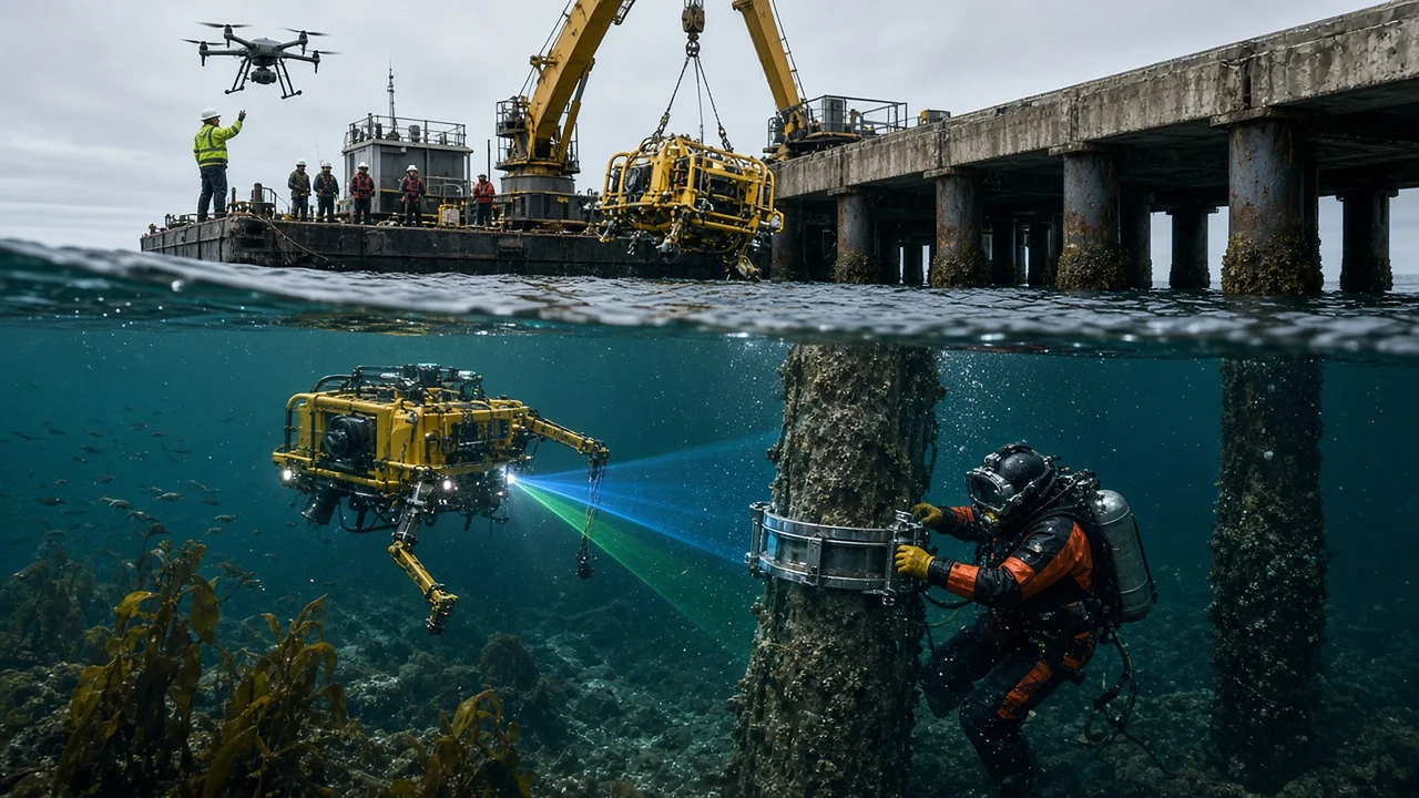 An ROV and a commercial diver fitting a clamp on an underwater wharf pile, with a drone and a crane barge above (concept rendering)